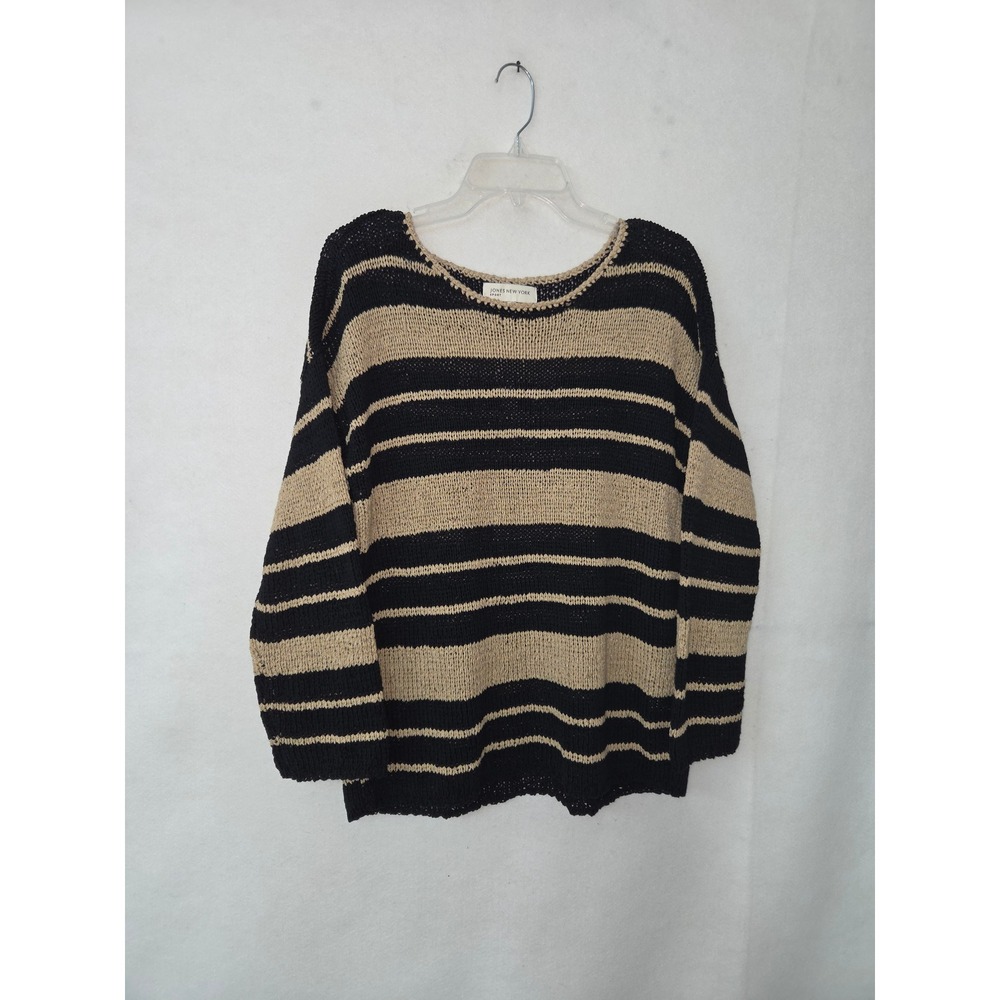 Jones New York Sport Sweater Women L Black Tan Striped Cotton Blend Ribbon‎ Knit